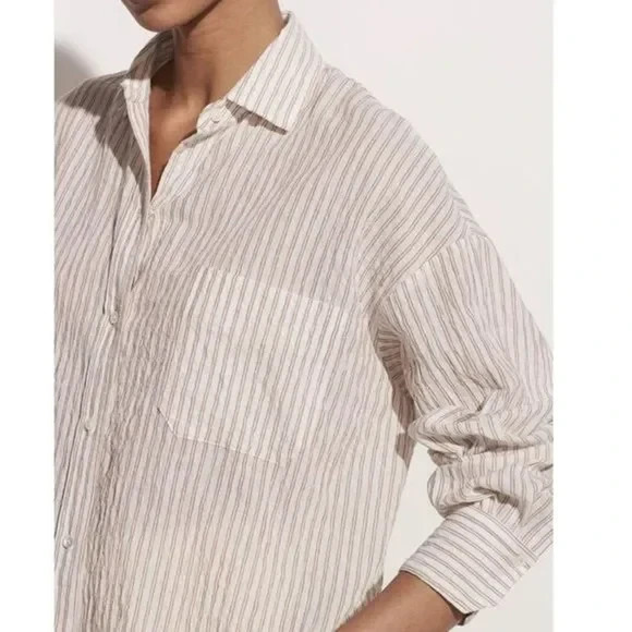 Vince Double Bar Striped Boxy Button Front Shirt Size Large Crinkle Gauze Top - Picture 3 of 12